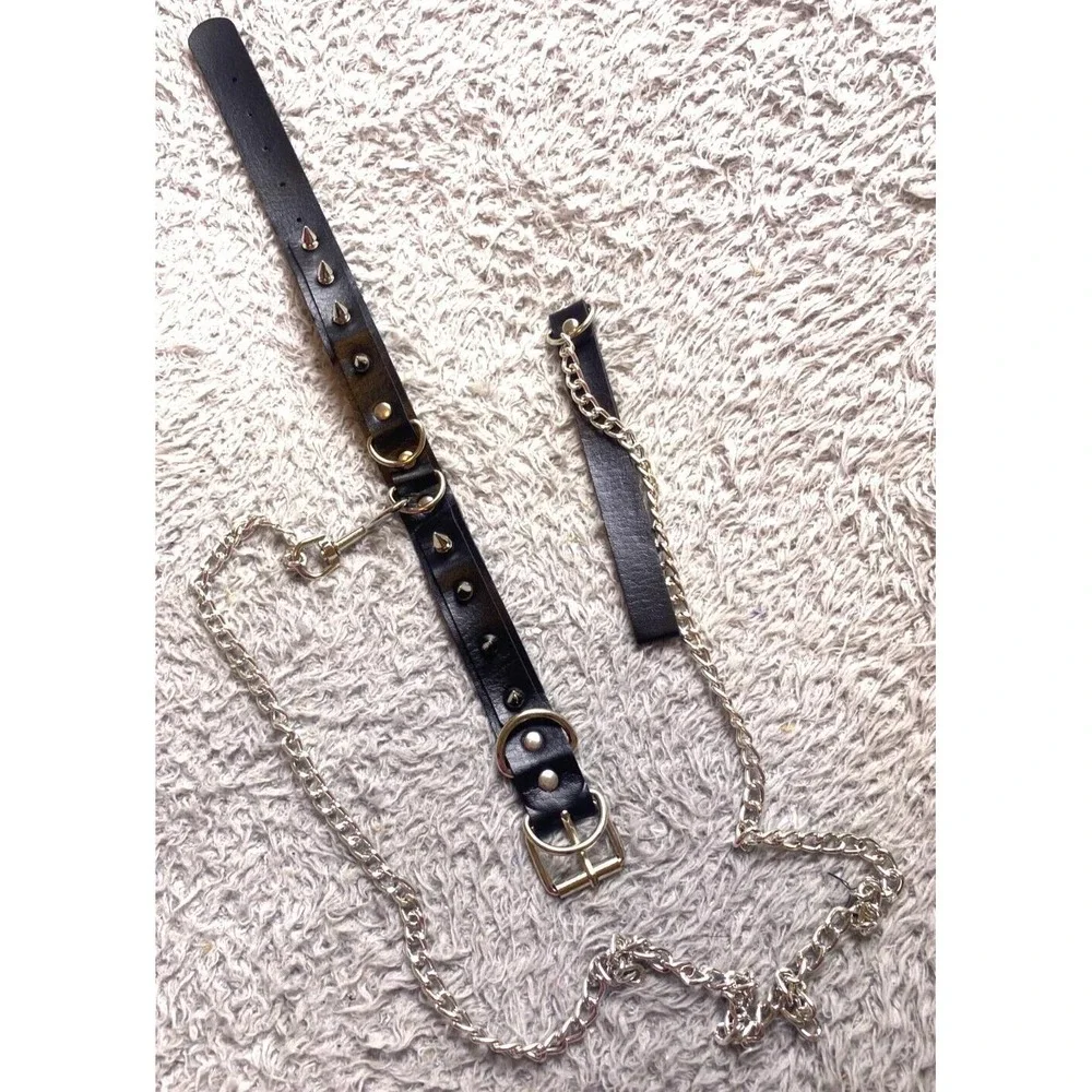 Choker Collar w/ Chain‎ Leash Rivet Studded PU Leather Goth Punk Bondage NEW